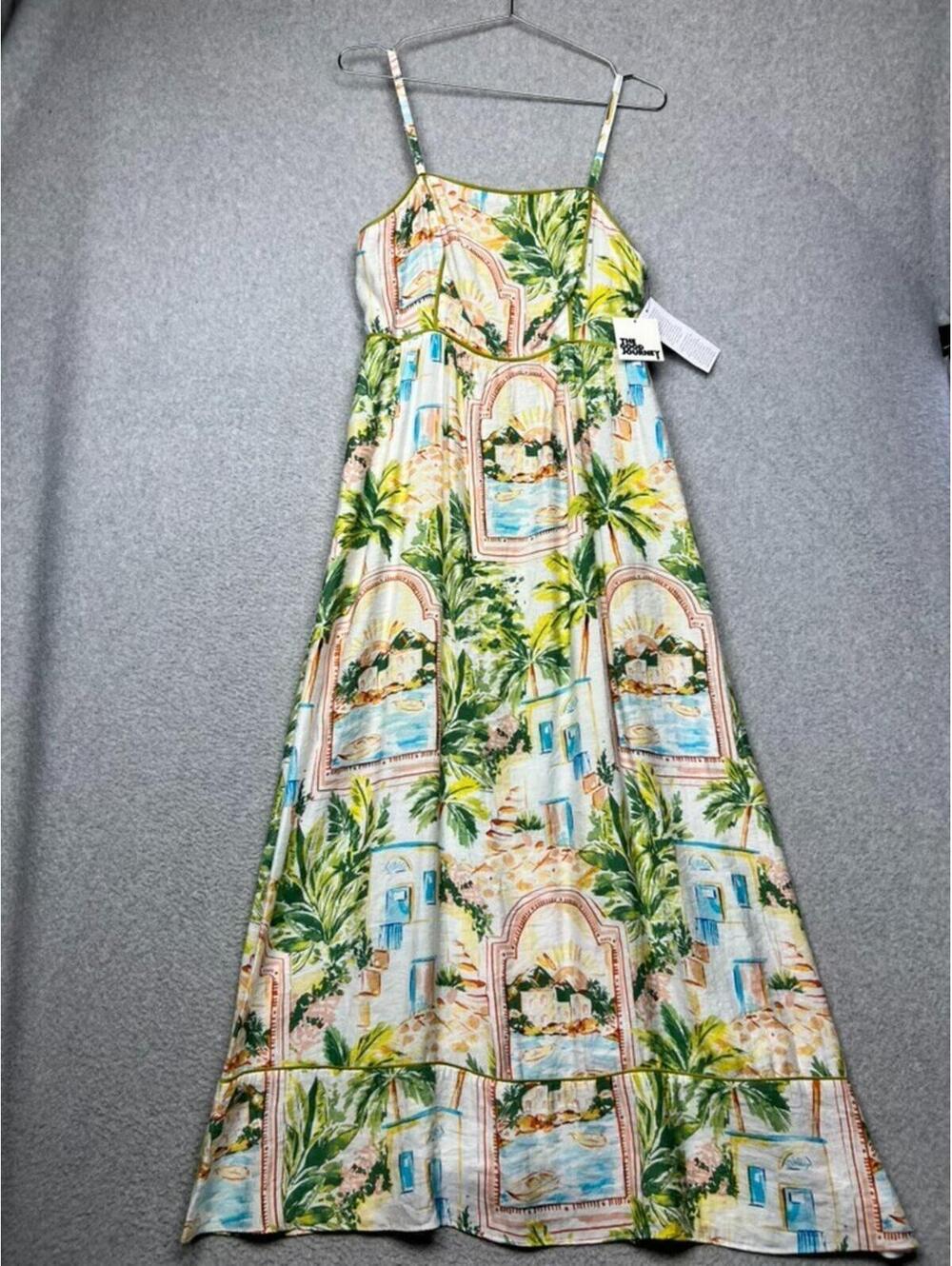 The Good Journey 10 Piping Trim Postcard Print Midi Dress Tropical Resort Beach